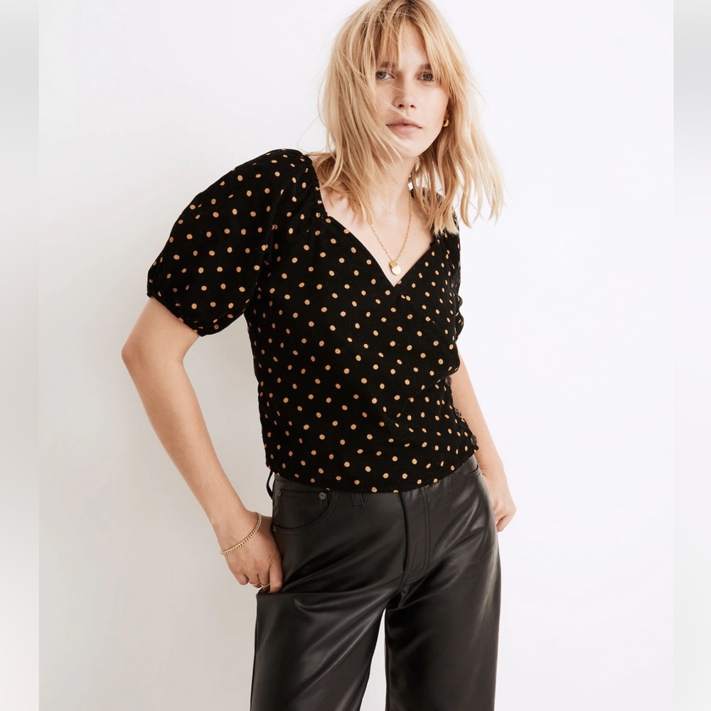 Madewell Corduroy Puff-Sleeve Button Wrap Top Black in Tan‎ Oval Dot Size XS